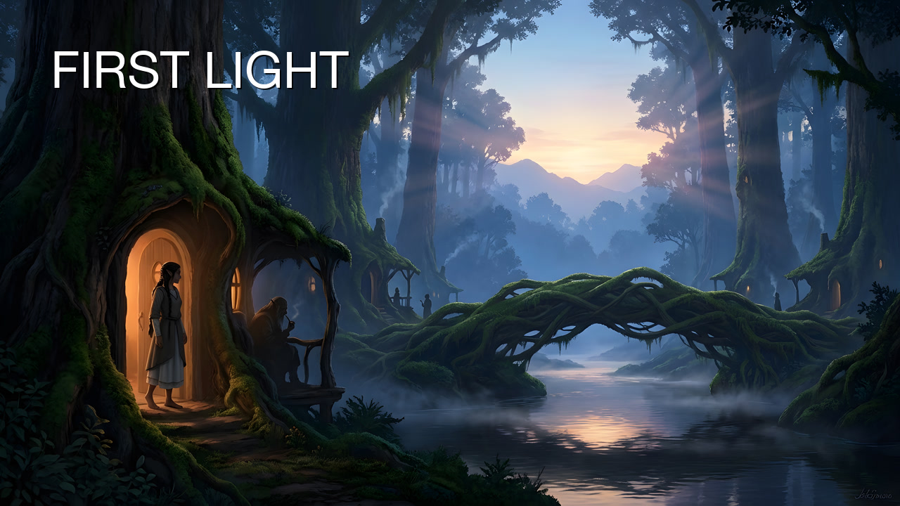 YouTube thumbnail test B: river scene with FIRST LIGHT title