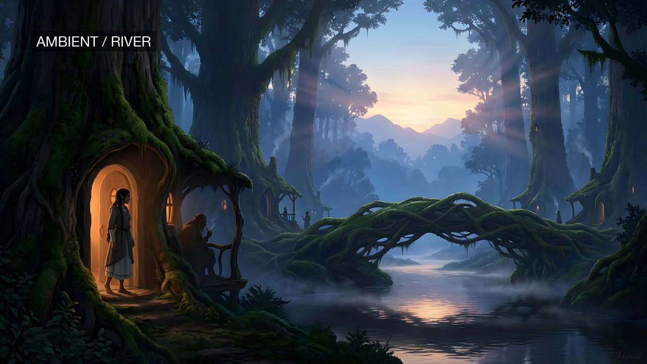 YouTube thumbnail test C: river scene with small AMBIENT RIVER label